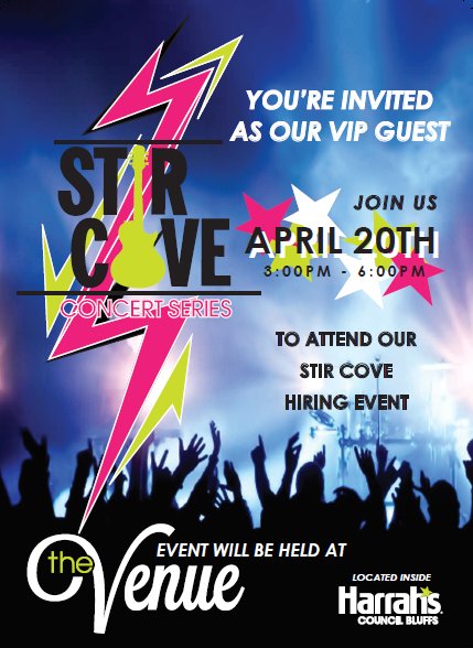 HarrahsIowa's tweet photo. Today is the day, don't let the weather keep you away! Stir Cove Hiring Event in The Venue @ Harrah's from 3pm-6pm! https://t.co/N7mEujNiiZ