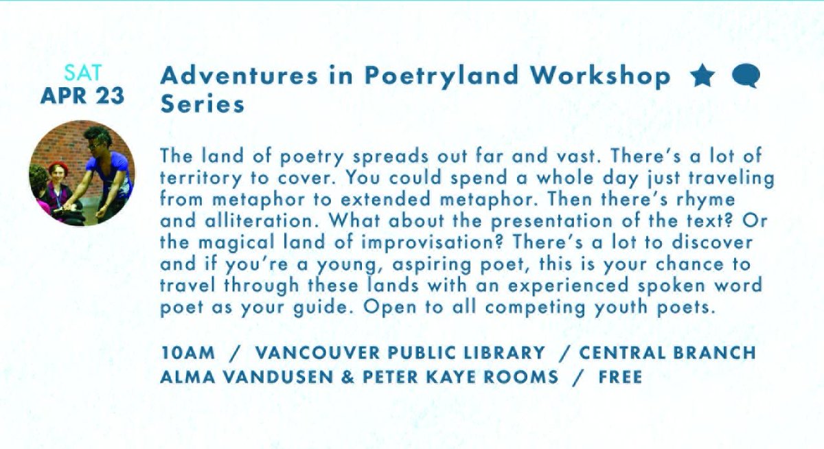 VanPoetryHouse's tweet image. Adventures in Poetryland Workshop | Apr 23 | @LishaiP @WinonaLinn #JanetRogers | versesfestival.ca/event/adventur… | #hulla16
