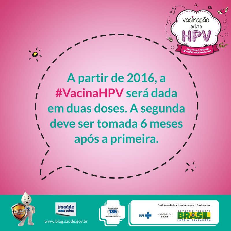 Anote na agenda: 2ª dose da #VacinaHPV após 6 meses da aplicação da 1ª dose.