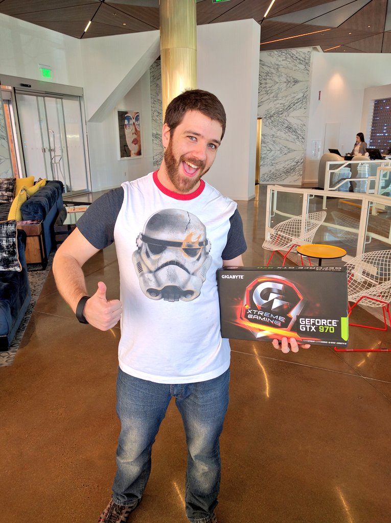 NVIDIAGeForce's tweet image. For his Golden Ticket, @ItsTCone snags a @GIGABYTE_USA GeForce GTX 970!