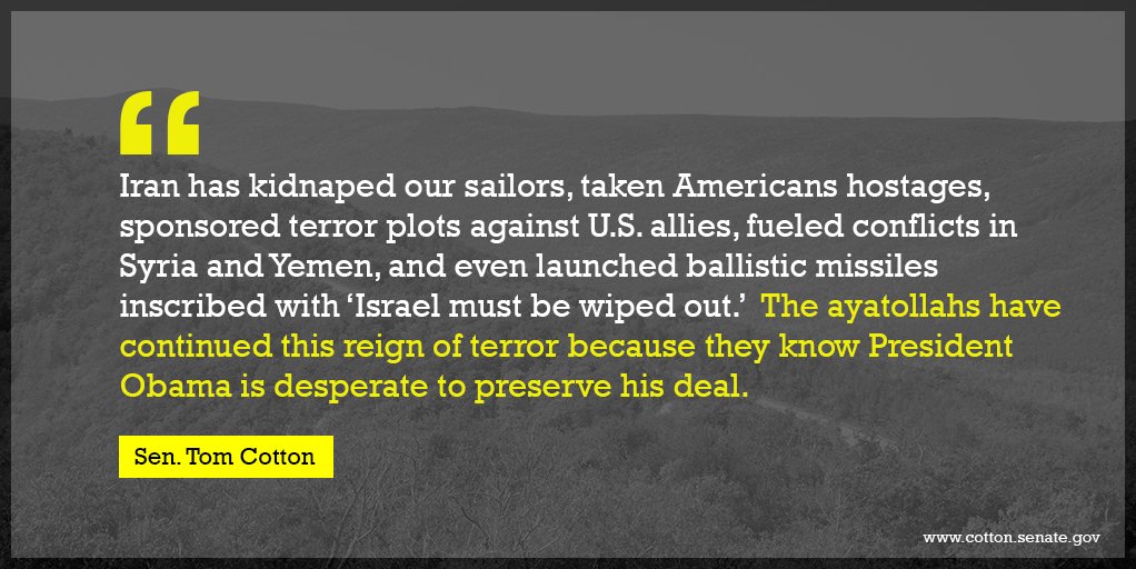 SenTomCotton's tweet photo. I delivered the #GOPAddress on the President’s #IranDeal and the threat of terrorism. WATCH: https://t.co/K7nHP07exp https://t.co/CeNAaMwUzw