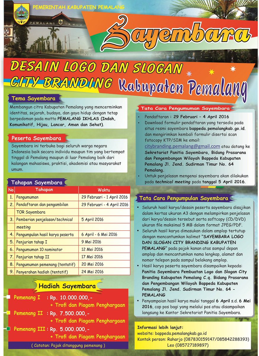lombaLogo's tweet photo. Deadline lomba 6 Mei SAYEMBARA PEMBUATAN LOGO DAN SLOGAN CITY BRANDING KABUPATEN PEMALANG https://t.co/jRltVebBkk https://t.co/WobbtXiSQd