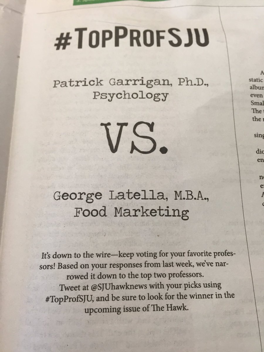 SJUFMA's tweet photo. Tweet your votes for Professor Latella @sjuhawknews for #TopProfSJU!!! It's the last week to vote! https://t.co/vUdqKFJ2Qq