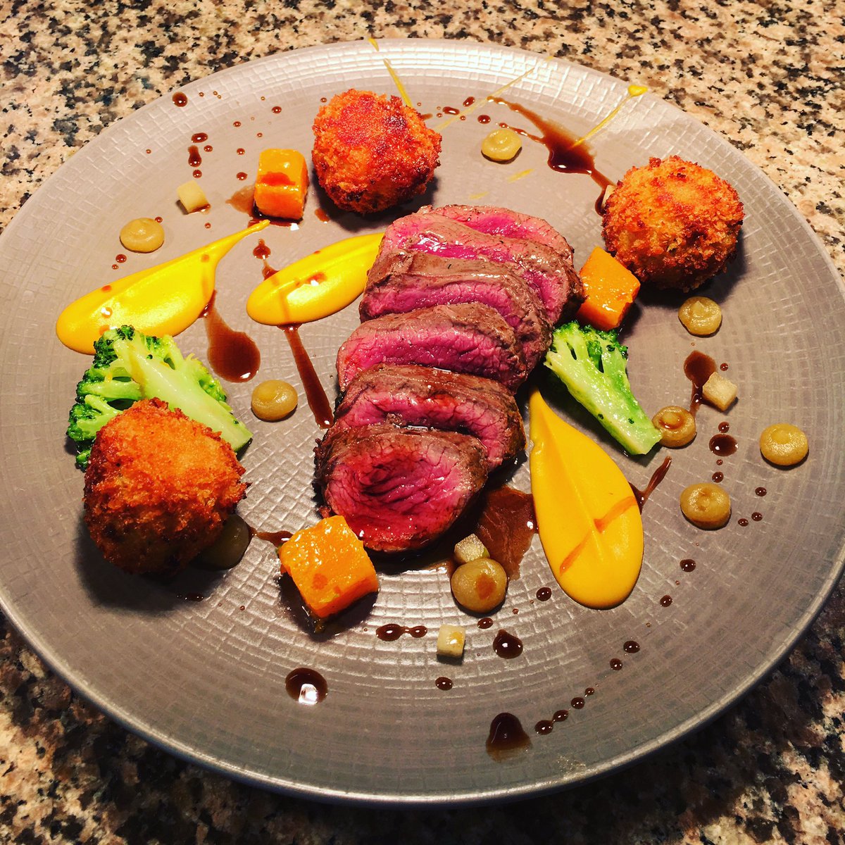 Set menu tonight: haunch of venison, herb arancini, butternut squash and pickled apple - looks absolutely delicious