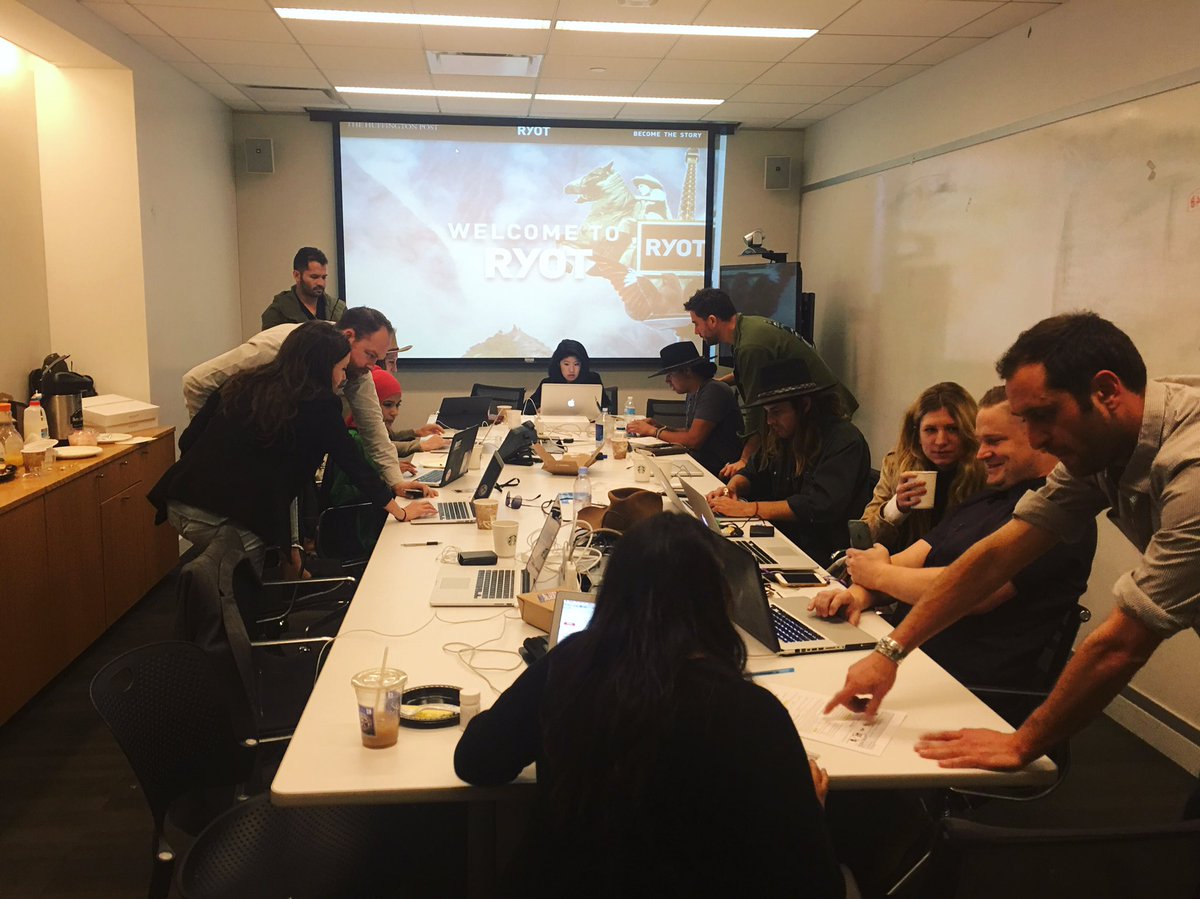 ThisIsRYOT's tweet photo. RYOT crew responding to the press after unveiling #HuffpostRYOT this morning. Huddled in NY at @HuffingtonPost https://t.co/siBrCkfe5E