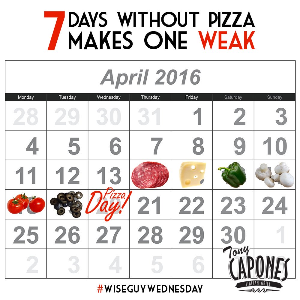 tony_capones's tweet photo. Happy #WiseguyWednesday! Does 7 days without 🍕 make one week or weak? #OttawaRestaurant #AuthenticItalian https://t.co/NNpiCtc4Wy