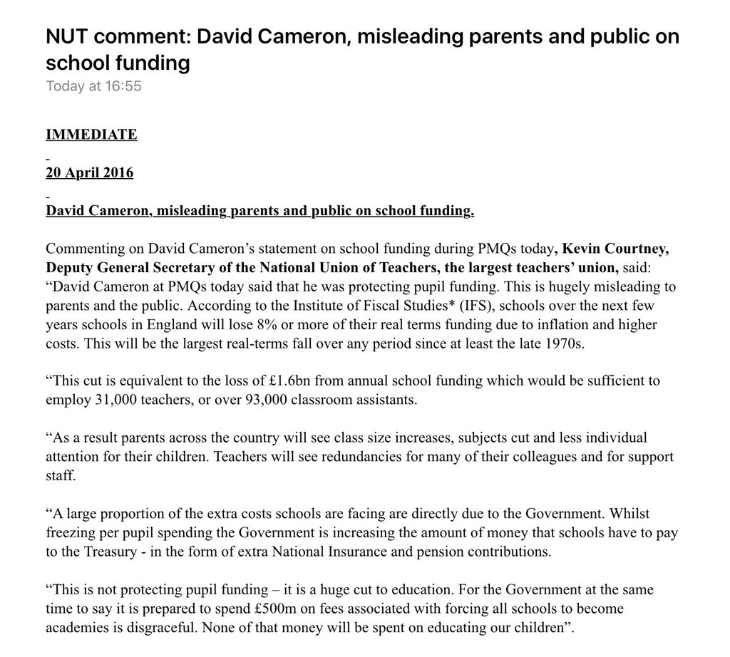 NUT comment: David Cameron, misleading parents and public on school funding. <a href="/localschools_uk/">LocalSchoolsNetwork</a>
