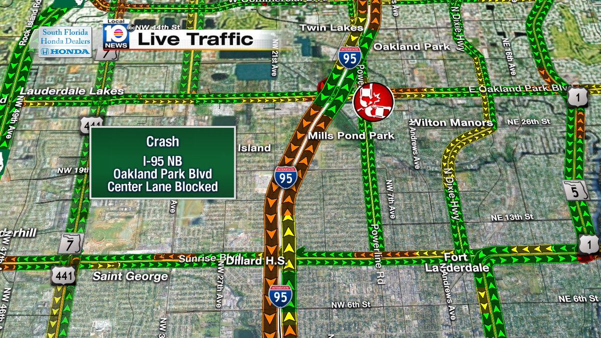 CRASH: I-95 NB & Oakland Park Blvd.  Center lane blocked. Expect delays.  #TRAFFIC https://t.co/tVj4Jxixsl