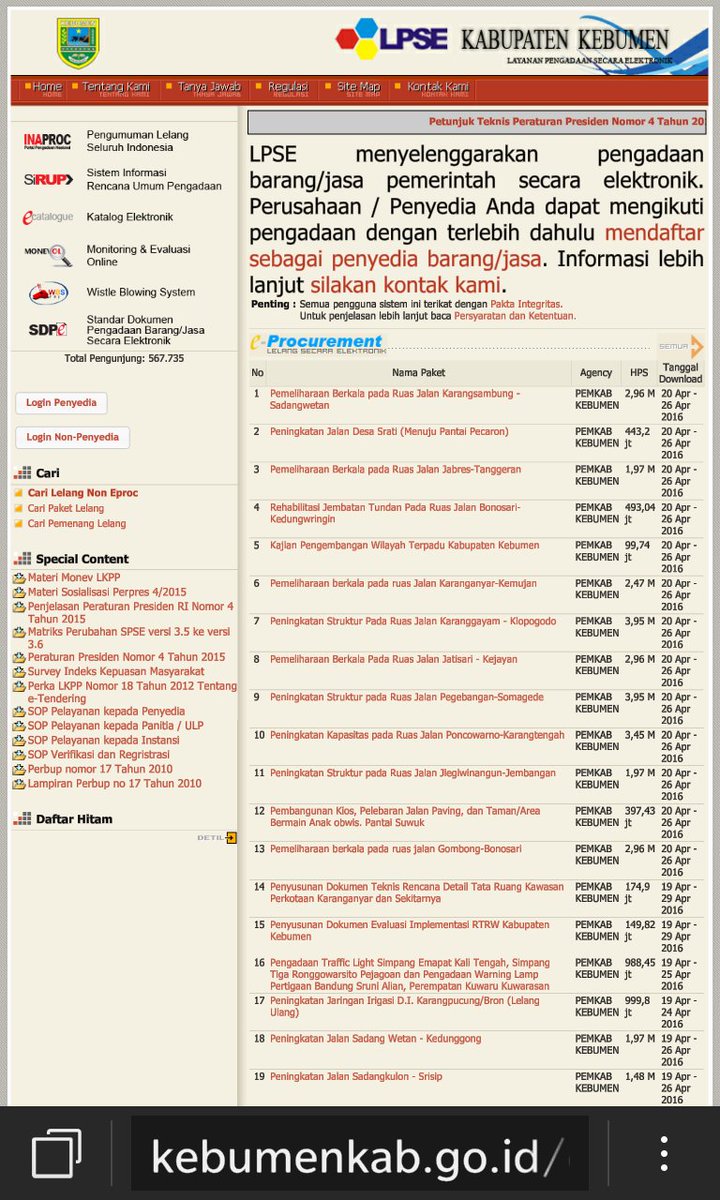 #noUnoK 👍monggo ikut lur 52 paket lelang
lpse.kebumenkab.go.id/eproc/
<a href="/bupatikbm/">M. Yahya Fuad</a> <a href="/AdbangSetdaKbm/">AdbangSetdaKbm</a> <a href="/nsrkbm/">M.Nasir</a>