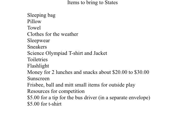 SLMS_SciOly's tweet photo. 2 Days until we are off to competition! Don't forget to bring these items on the trip....don't forget raingear🌧⚡️ https://t.co/4oW9UvY8BY