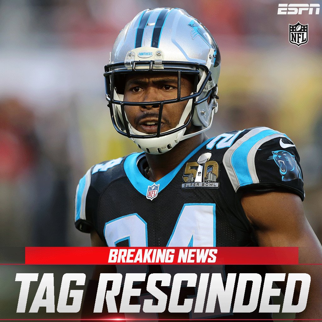 ESPNNFL's tweet photo. Panthers have rescinded the franchise tag on CB Josh Norman, making him a free agent. https://t.co/9oBHM603Ja