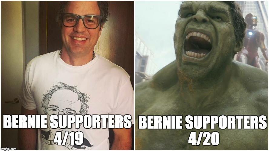 People4Bernie's tweet photo. We love you @MarkRuffalo but we couldn't help ourselves. Straight out of the dank meme stash #FeelTheBern https://t.co/QKPmJfJXh7