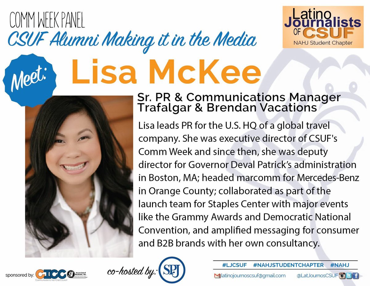 latjournoscsuf's tweet photo. Come on by and listen to Lisa McKee tell us how she made in it in the industry! #CSUFCommWeek16 #csufalumni https://t.co/zIxWtCG1B4