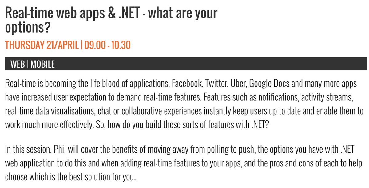 Nexmo's tweet photo. What are your options when building realtime apps with .NET? Find out from @leggetter tomorrow 9am at #DevWeek2016 https://t.co/9pwKd7Oy3O
