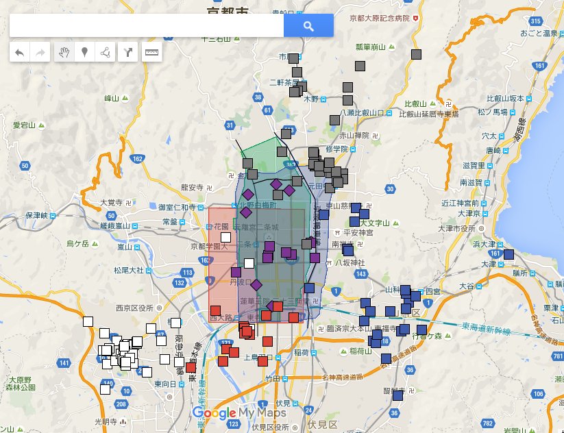 永太郎 ながたろう ٹوئٹر پر 洛中 洛北 洛西 洛南 洛東の地名が入った建物の分布と 平安京 御土居 市電外周線 是より洛中碑の範囲を重ね合わせてみた 単純に洛中の東西南北にあるわけじゃないのが面白い T Co G9nzg8zufa