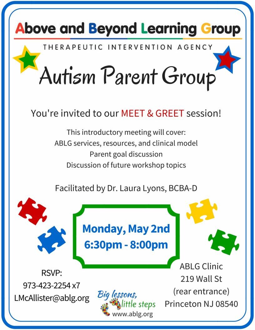 ABLGservices's tweet photo. Join #ABLG for our new #Autism Parent Group - kicking off 5/2 in our #Princeton office! Call for info https://t.co/6H1UDrWVcl