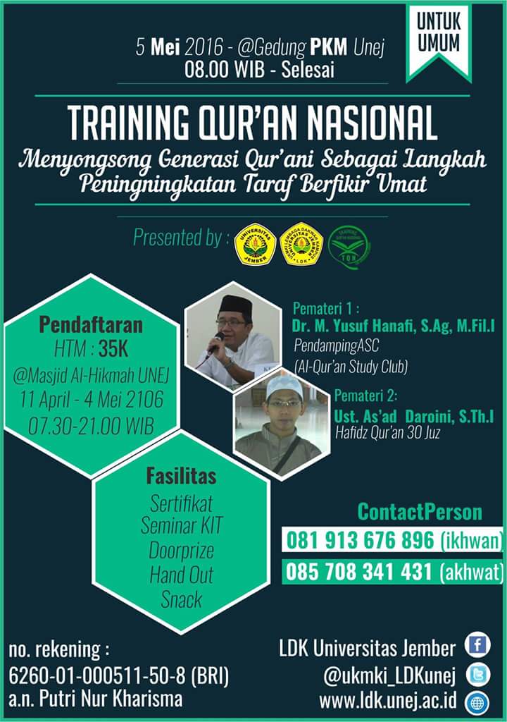 yuk yang berminat Training Qur'an Nasional.