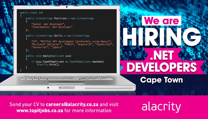 Alacrity_SA's tweet photo. .NET DEVELOPERS needed. Visit https://t.co/JgxZcahAYI or send your CV to careers@alacrity.co.za #topitjobs #Alacrity https://t.co/HpH0jM8zKN