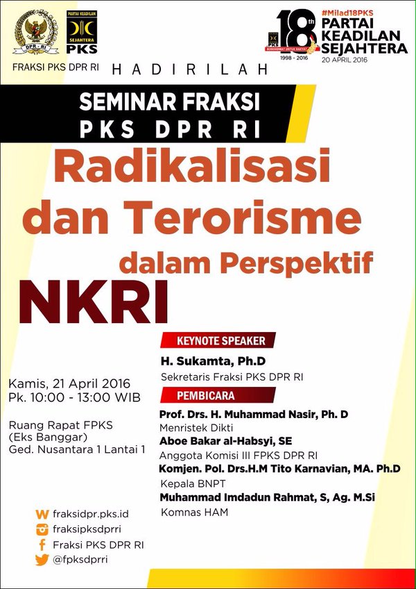 Perkaya Masukan Revisi UU Terorisme, Fraksi PKS Selenggarakan Diskusi Publik fraksidpr.pks.id/2016/04/perkay… #Milad18PKS