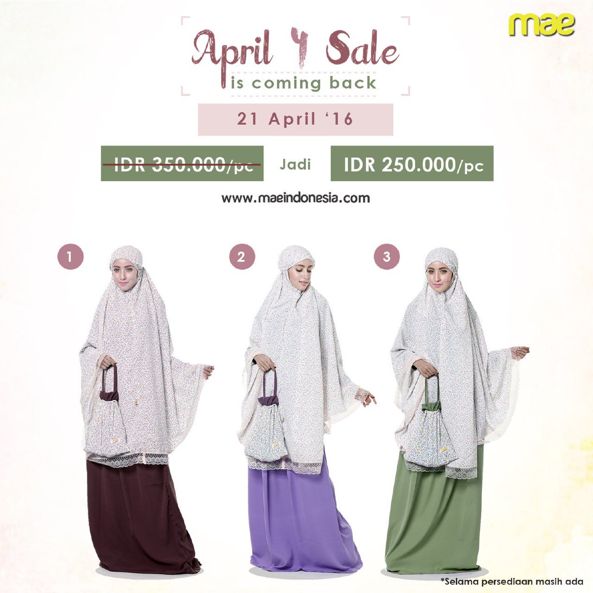 Promo hari ini.. Mukena harga normal Rp 350.000 menjadi Rp 250.000/pc. Jangan keabisan ya.  #beranisyari