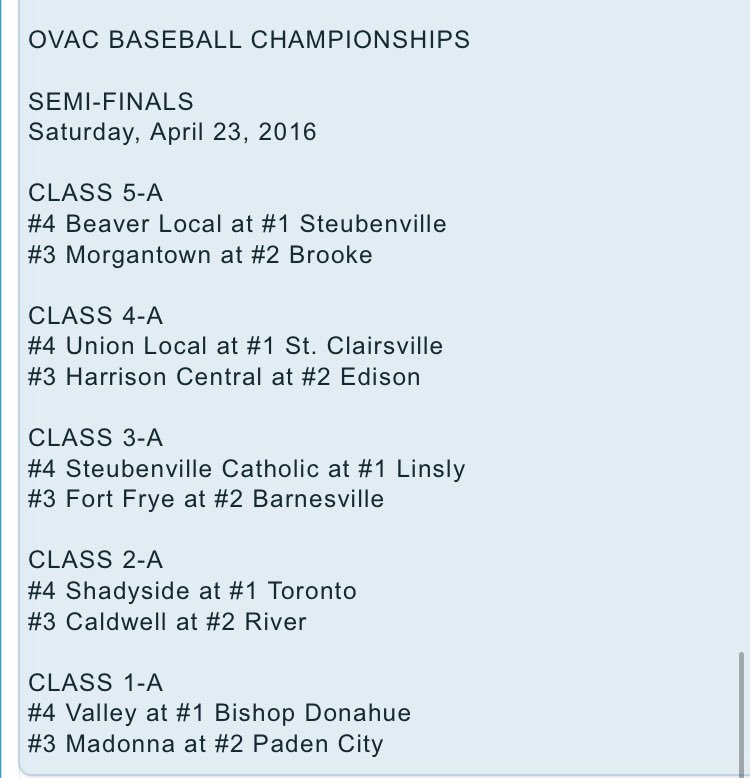 RMetzgerWTOV9's tweet photo. The OVAC releases baseball semifinal pairings for Saturday.  Complete standings - https://t.co/BLYSsb6vwR https://t.co/I1iPY9E2fV
