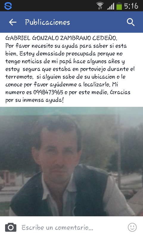 PamelaChinguerc's tweet photo. Ayuden a encontrarlo @mashifraga  @VeritooBF @erikavelezz @aguschmer @MinInteriorEc #DesaparecidosTerremotoEcuador https://t.co/YXMQR1dzmw