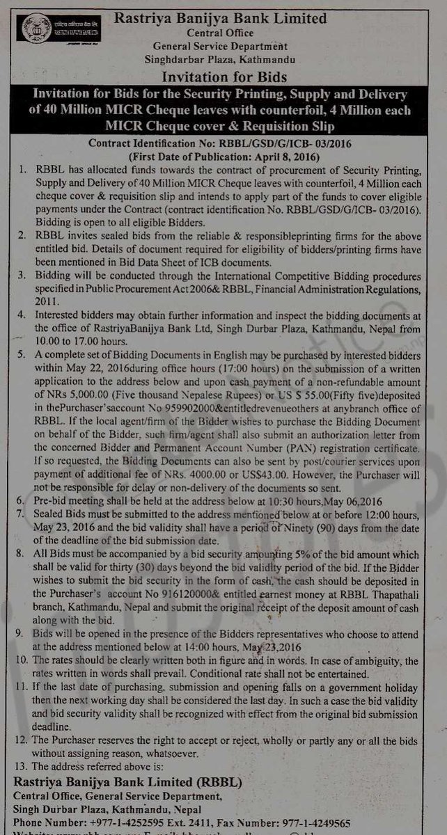 aspaglobal's tweet photo. #ASPAtenderalert Nepal Rastriya Banijya Bank Ltd invited bid for Supply and Delivery of 40 Million #MICRChequeLeaves https://t.co/OG8y8yniLb