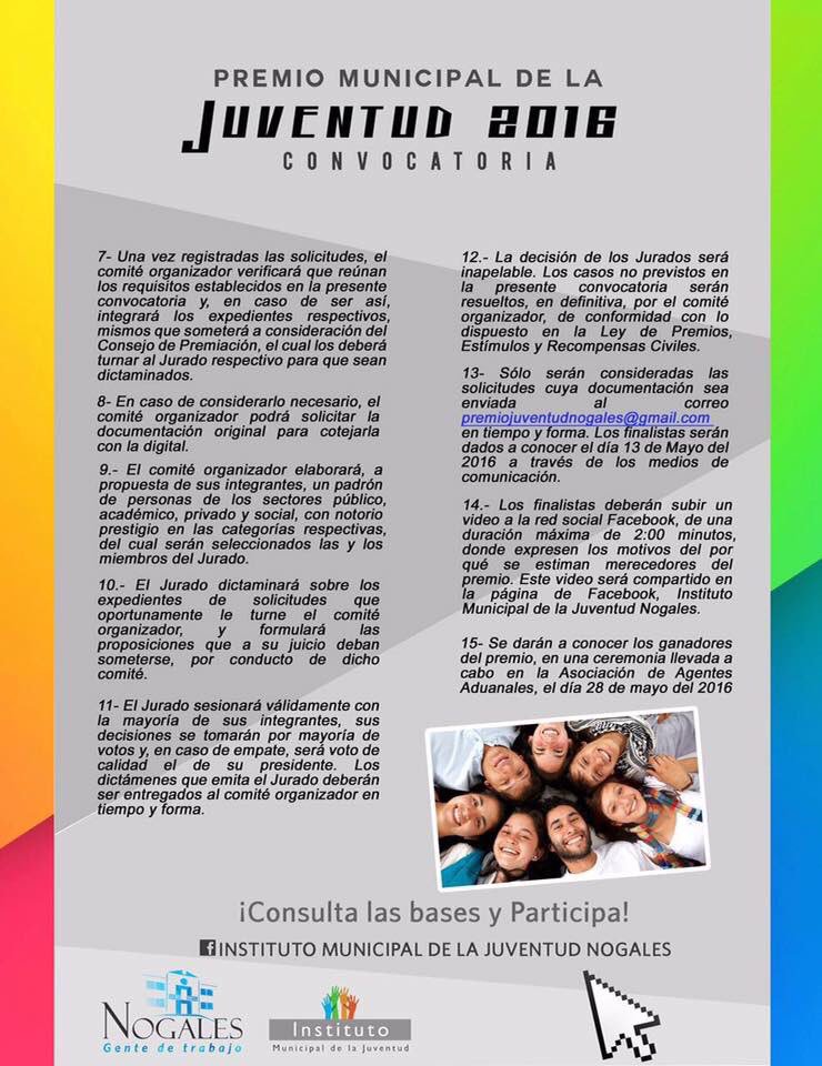 INJNogales's tweet photo. Y tú ya estás listo para participar?Premio Municipal de la Juventud 2016.
Este es tu momento. #Participa #PMJ2016 https://t.co/bTNa22nAvC
