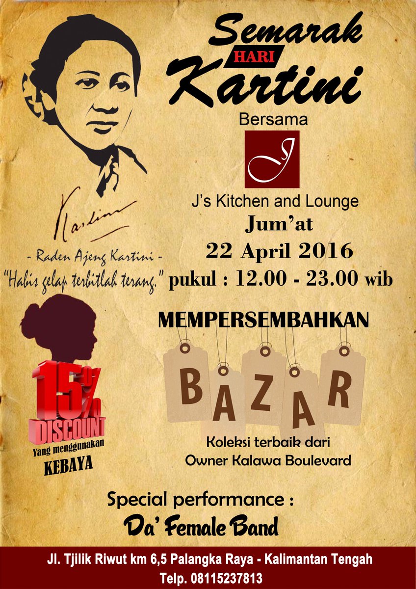 JsKitchenLounge's tweet photo. Semarak hari kartini dersama J's Kitchen and Lounge
@infoPLK @InfoPalangka @Info_Pky https://t.co/zzWhYdSY4N