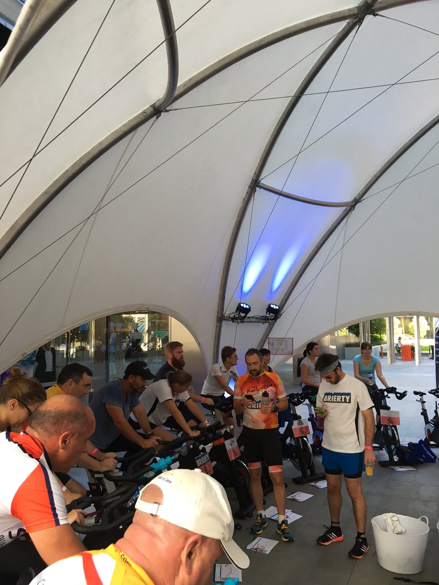 DougHorak's tweet photo. And away they Go!!!!! @24hourSpin for Cancer Thanks Solaris Care @ChazGunningham @wabusinessnews @redskyride https://t.co/IqdebmD7yV