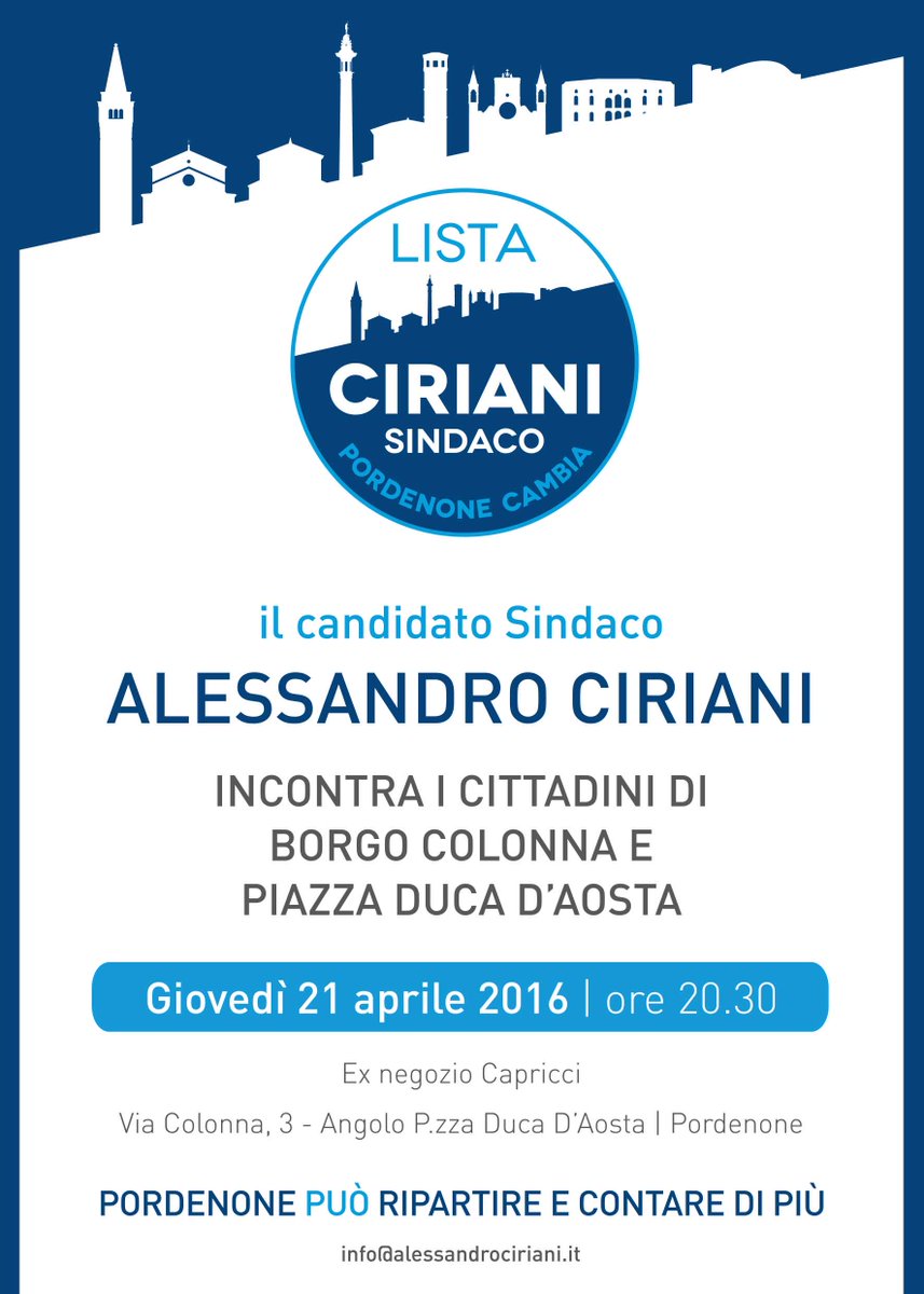 #ListaCirianiSindaco #PordenonePuò ripartire dai quartieri, stasera alle 20.30 siamo in Borgo Colonna.Ti aspettiamo!