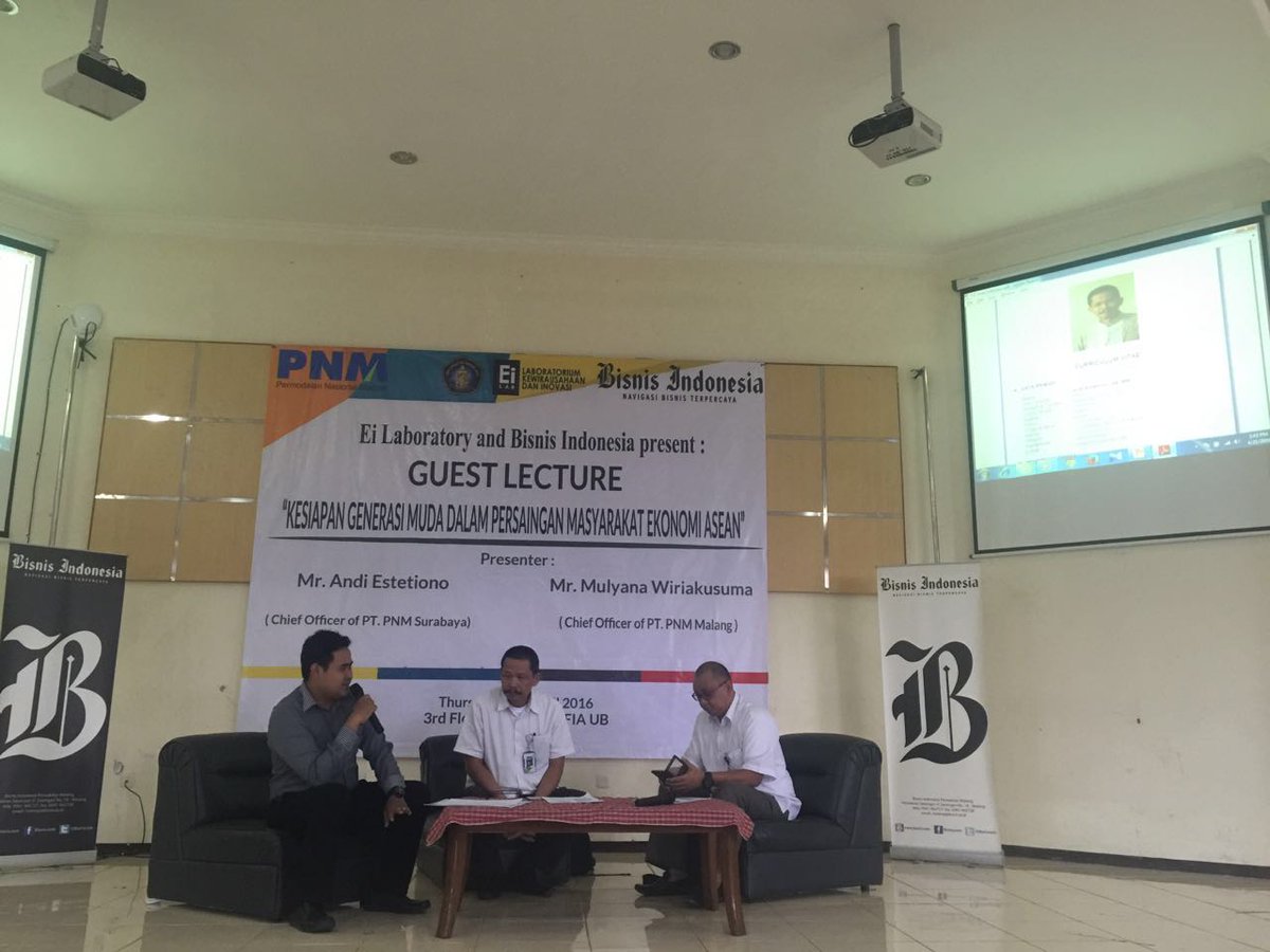 Now: Guest Lecture tentang mempersiapkan generasi muda menuju MEA, by <a href="/EI__LAB/">EI_Lab</a>, Harian Bisnis Indonesia, dan PNM.