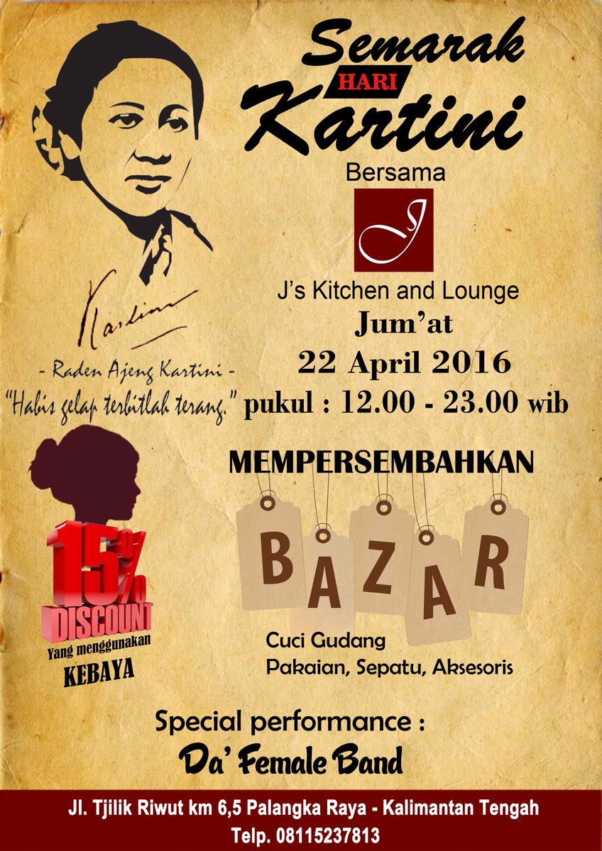 JsKitchenLounge's tweet photo. Semarak Hari Kartini J's Kitchen and Lounge memberikan diskoun 15% serta mempersembahkan cuci gudang @infoPLK https://t.co/7pmWExwmTS