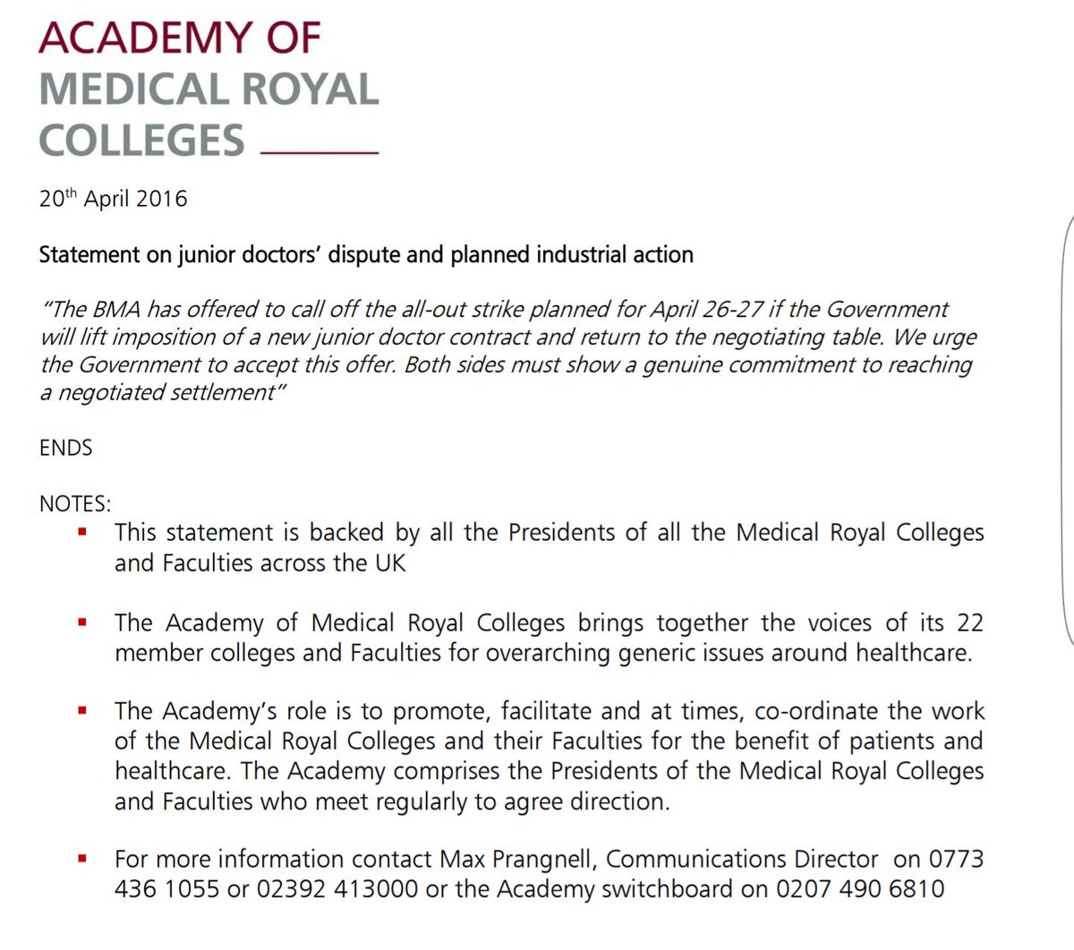 This is important #JuniorDoctorsStrike news from <a href="/AoMRC/">AoMRC</a>. Prez of all colleges urges @DHgovuk to negotiate. Pls. RT