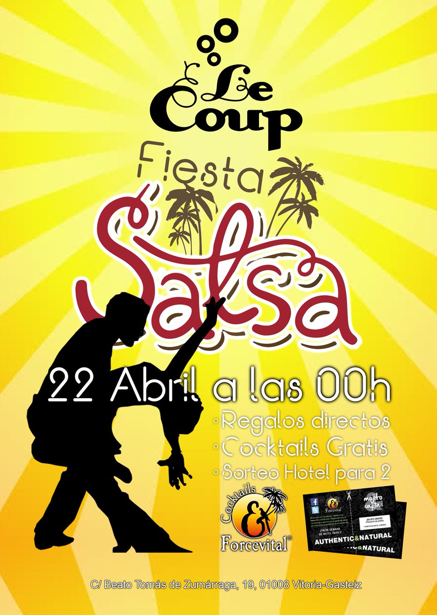 ¡Mañana 22 de Abril a partir de las 00h Fiesta Salsera en Le Coup!
 ¡Te esperamos moviendo las caderas! 😋