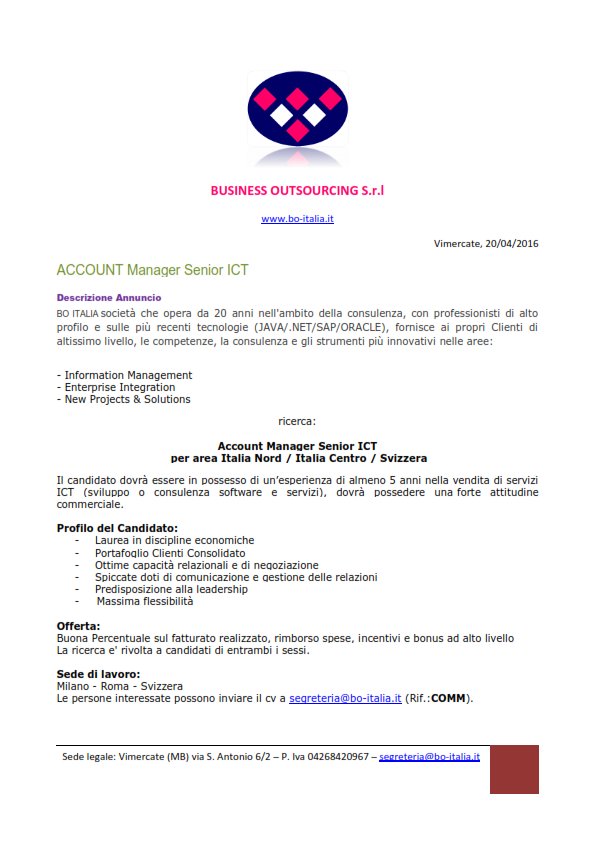 BO ITALIA  - Ricerca ACCOUNT MANAGER SENIOR - ITALIA Nord / ITALIA CENTRO / SVIZZERA