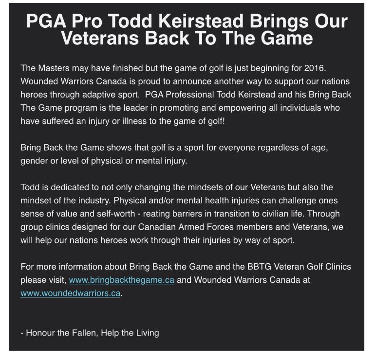 Powerful day. <a href="/WoundWarriorCA/">Wounded Warriors CAN</a> press release. <a href="/BringBTG/">Bring Back the Game</a> is a National Partner! @adidasgolfca <a href="/TaylorMadeCA/">TaylorMade Canada</a>