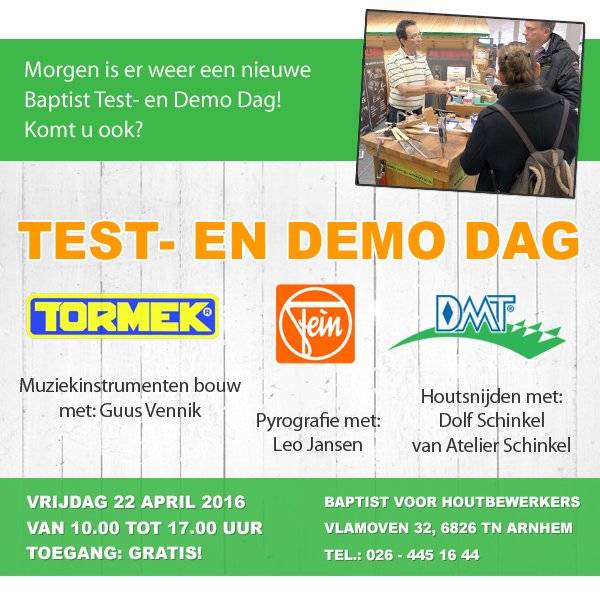 Baptistarnhem's tweet photo. Morgen weer een Demo Dag bij Baptist Arnhem. Met o.a. Fein, Tormek, DMT, pyrografie, houtsnijden, muziekinstrument.. https://t.co/4Ax5DPaxpD