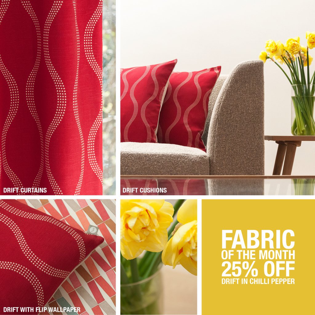 NM_Interiors's tweet photo. Fabric of the month Drift Chilli Pepper. Order using DRIFTCHILLI25 + at your local stockist #UKprinted #NMinteriors https://t.co/KmhNENjWdO