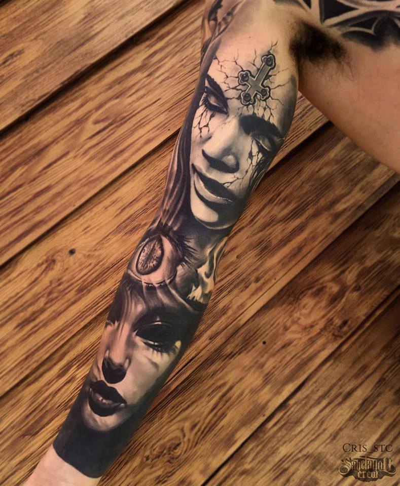 Black and grey sleeve tattoo by Andrey Kolbasin | Post 14366