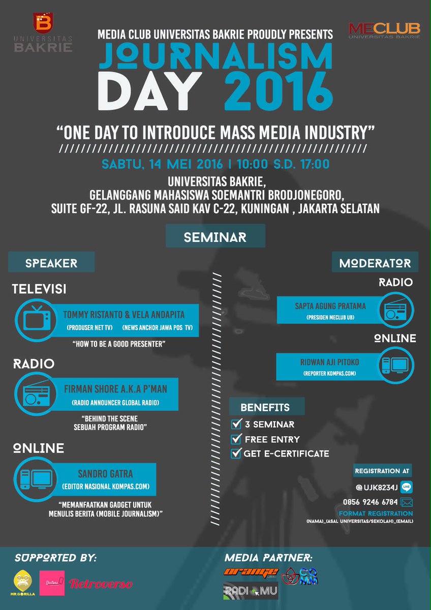 MeClub_UBakrie's tweet photo. Journalism Day, Sabtu 14 Mei 2016 pukul 10.00-17.00 WIB di @UBcampus. Yuk segera daftarkan dirimu! Gratis! https://t.co/gn6F9dJMzI