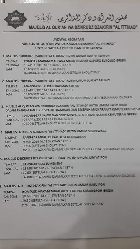 Jadwal Majelis Al Qur'an &amp; Dzikrudz Dzakirin "Al ITTIHAD"