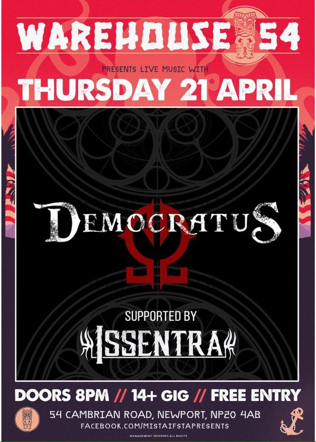 WHNewport's tweet photo. Tonight DEMOCRATUS return to our stage with classic metal riffs and brutal growls! Free Entry /Door 8pm / 14+ gig https://t.co/sB3MikwKkg