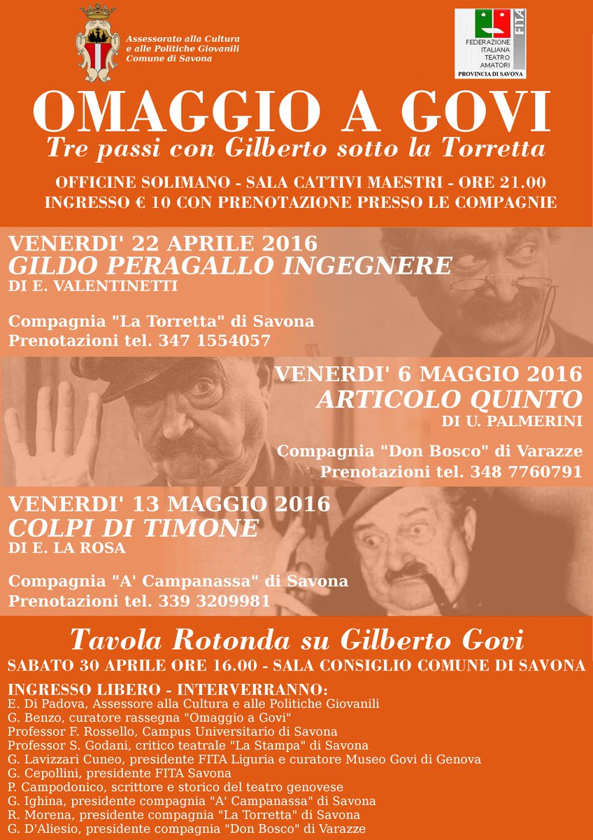 Al via domani alle 21 presso #OfficineSolimano la rassegna teatrale "Omaggio a #Govi" 
Info goo.gl/2WmM2l