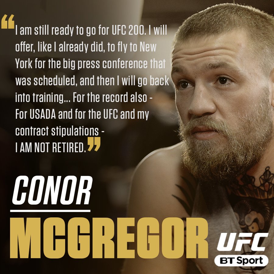 ufcontnt's tweet photo. .@TheNotoriousMMA breaks his silence. #UFC200 https://t.co/ke4AWYgqEJ