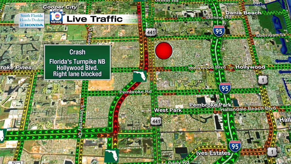 CRASH: NB Turnpike & Hollywood Blvd. A right lane is blocked. Expect delays.  #TRAFFIC https://t.co/5hT3geJFvY