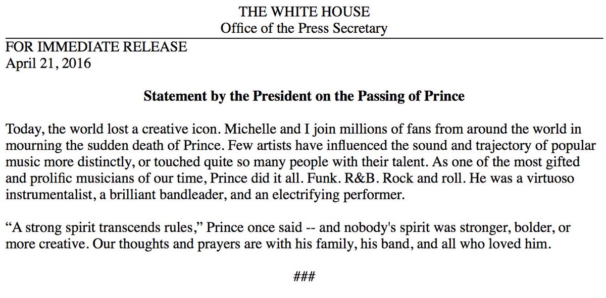 ABC's tweet image. Pres. Obama on Prince: "The world lost a creative icon...nobody's spirit was stronger, bolder, or more creative."