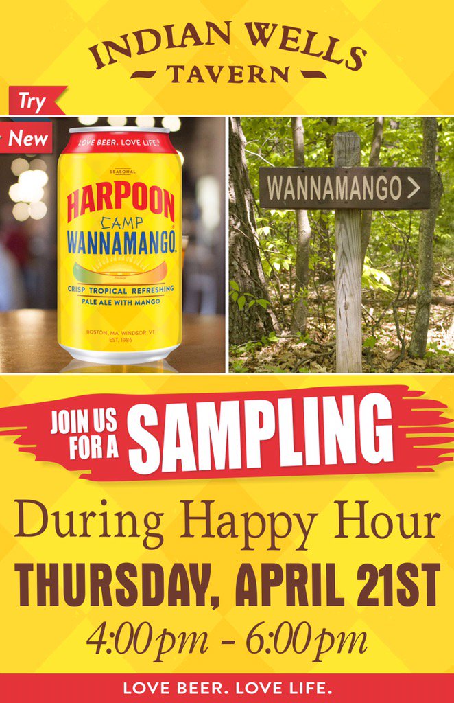 harpoon_LI's tweet photo. Come on out and have a few Camp WannaMango cans at Indian Wells Tavern. Special Happy Hour deal!!! https://t.co/0LDWD2ktYN