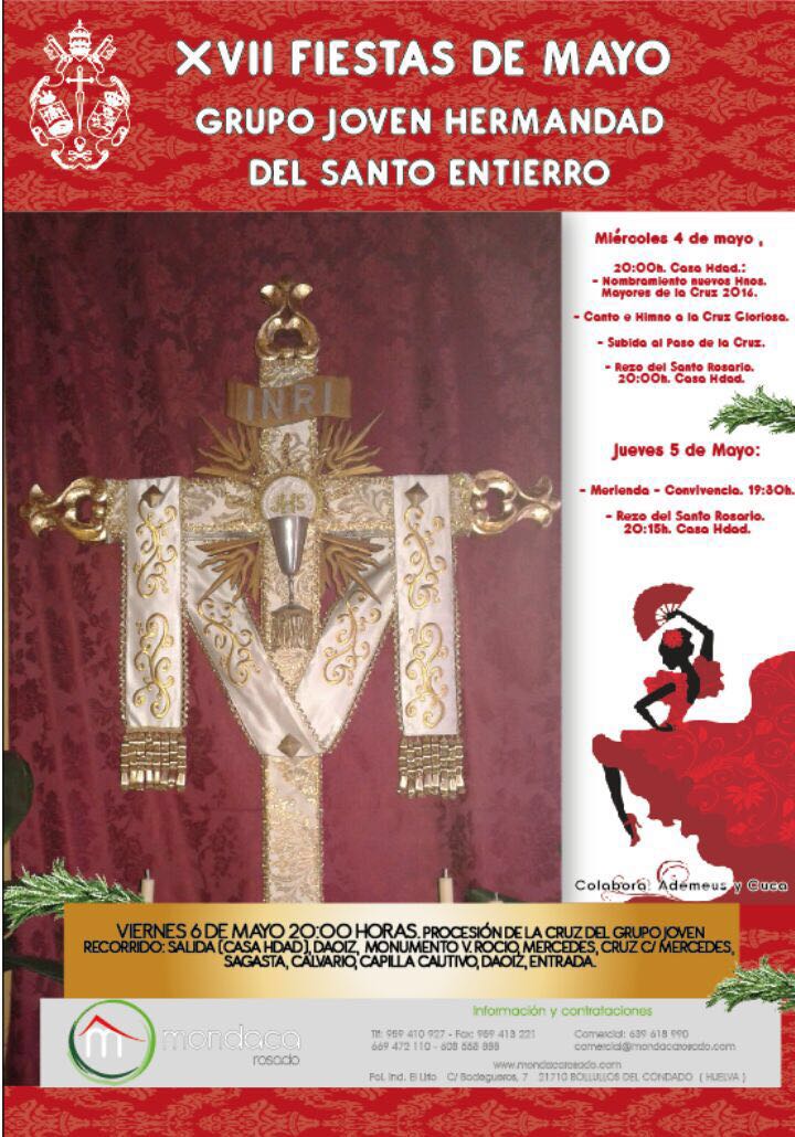 Cartel de las XVII Fiestas de Mayo de Ntro. Grupo Joven. El 6 de Mayo salida de la cruz con una verbena a la entrada