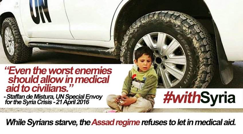 SyrCoalition's tweet photo. Across #Syria starving civilians need medical aid, but #Assad regime refuses to let the @UN take aid in
#WithSyria https://t.co/XhW5maCjKZ